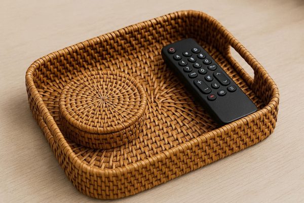 Hand Woven Rattan Decorative Tray for Coasters and Remote Controls