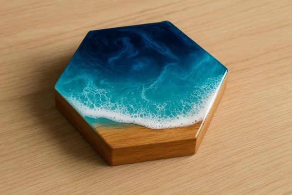 Hexagon Resin Art Coaster Tray with Wooden Base