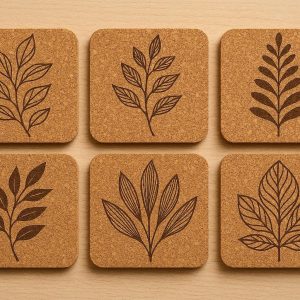 Natural Cork Coasters Set of 6 with Elegant Leaf Patterns
