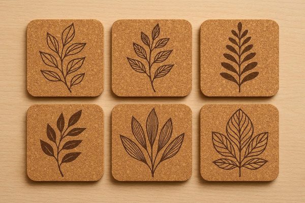 Natural Cork Coasters Set of 6 with Elegant Leaf Patterns
