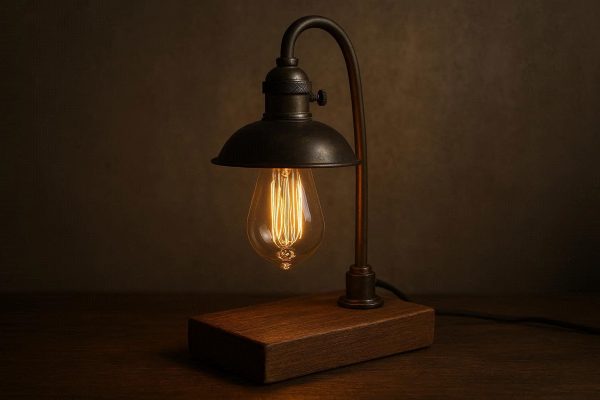 Vintage Edison Bulb Desk Lamp with Wooden Base and Metal Shade